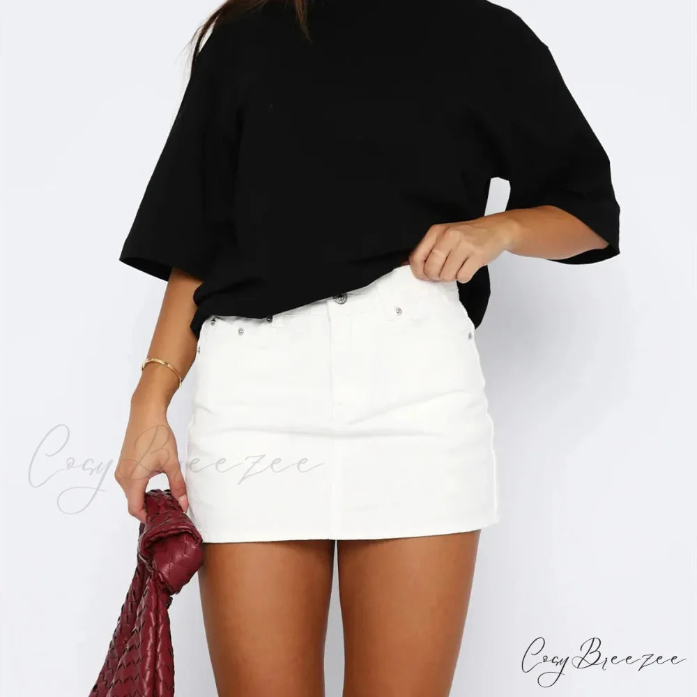 Button Up Slim Fit Denim Skirt white / S skirts-250223