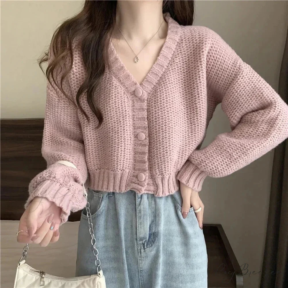Button-Up V-Neck Sweet Casual Knit Cardigan PINK / One Size cardiagn-250126