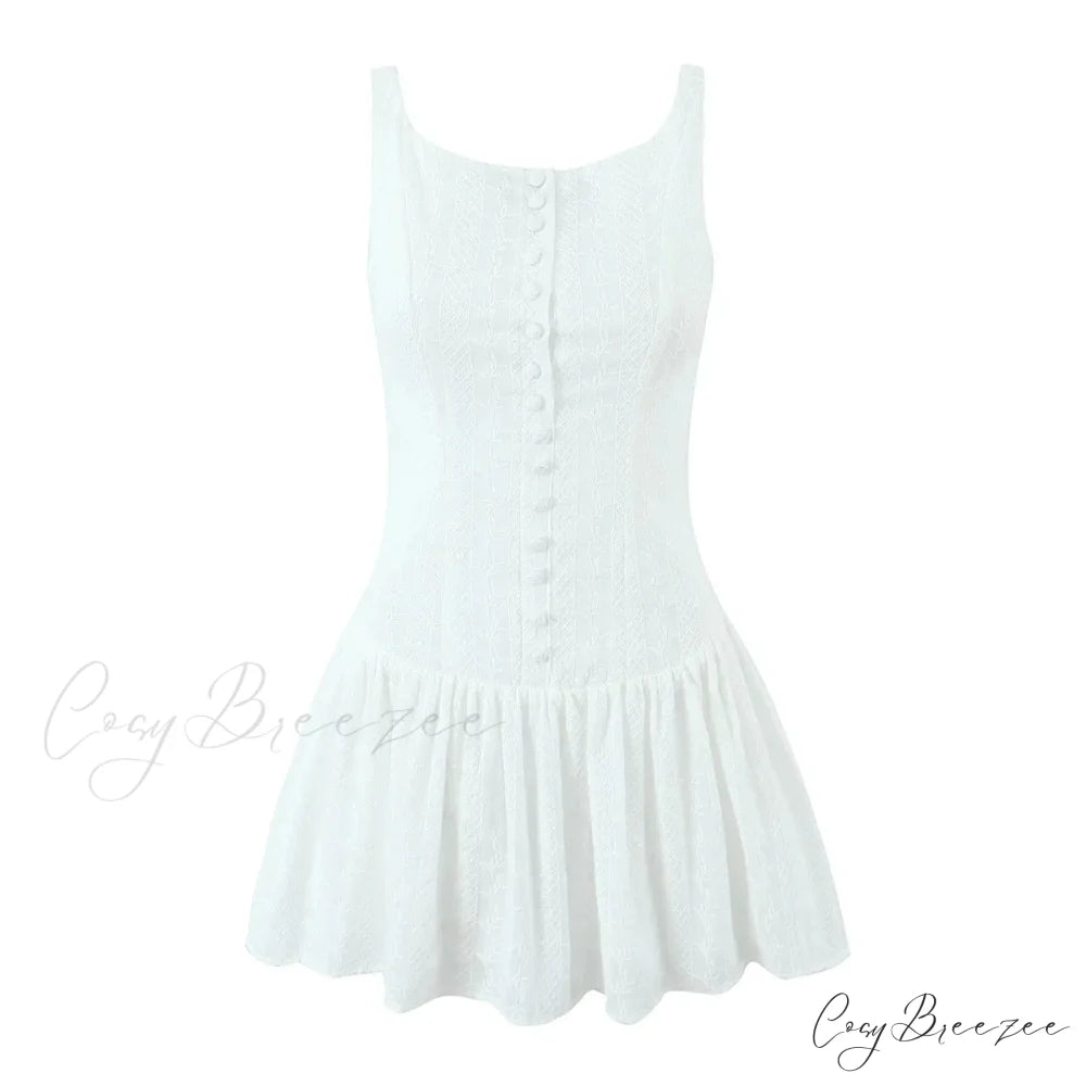 Buttoned Lace Print Charming Frill Mini Dress