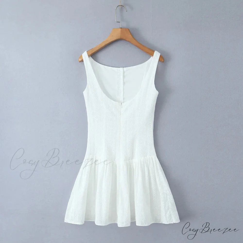 Buttoned Lace Print Charming Frill Mini Dress