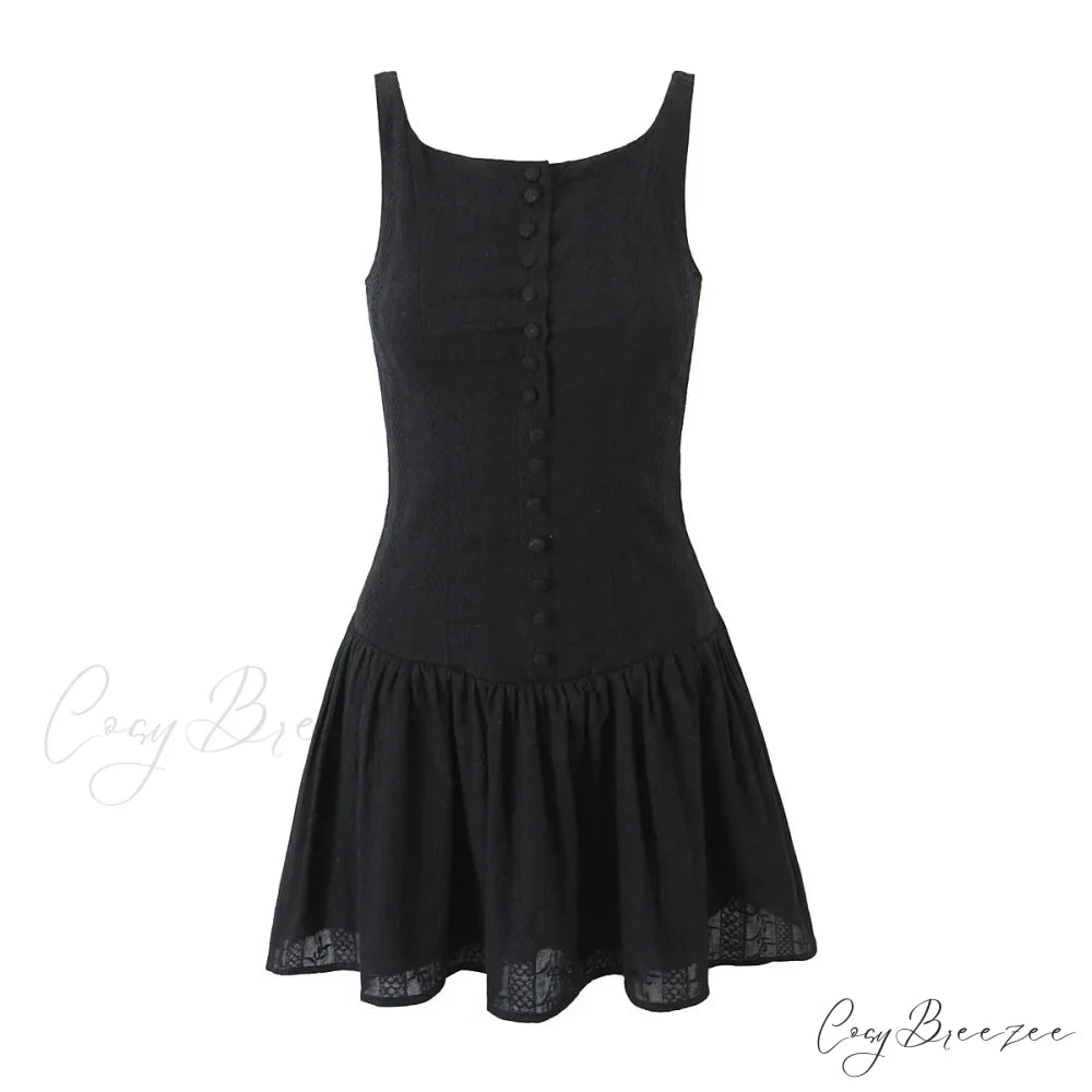 Buttoned Lace Print Charming Frill Mini Dress