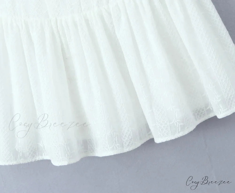 Buttoned Lace Print Charming Frill Mini Dress