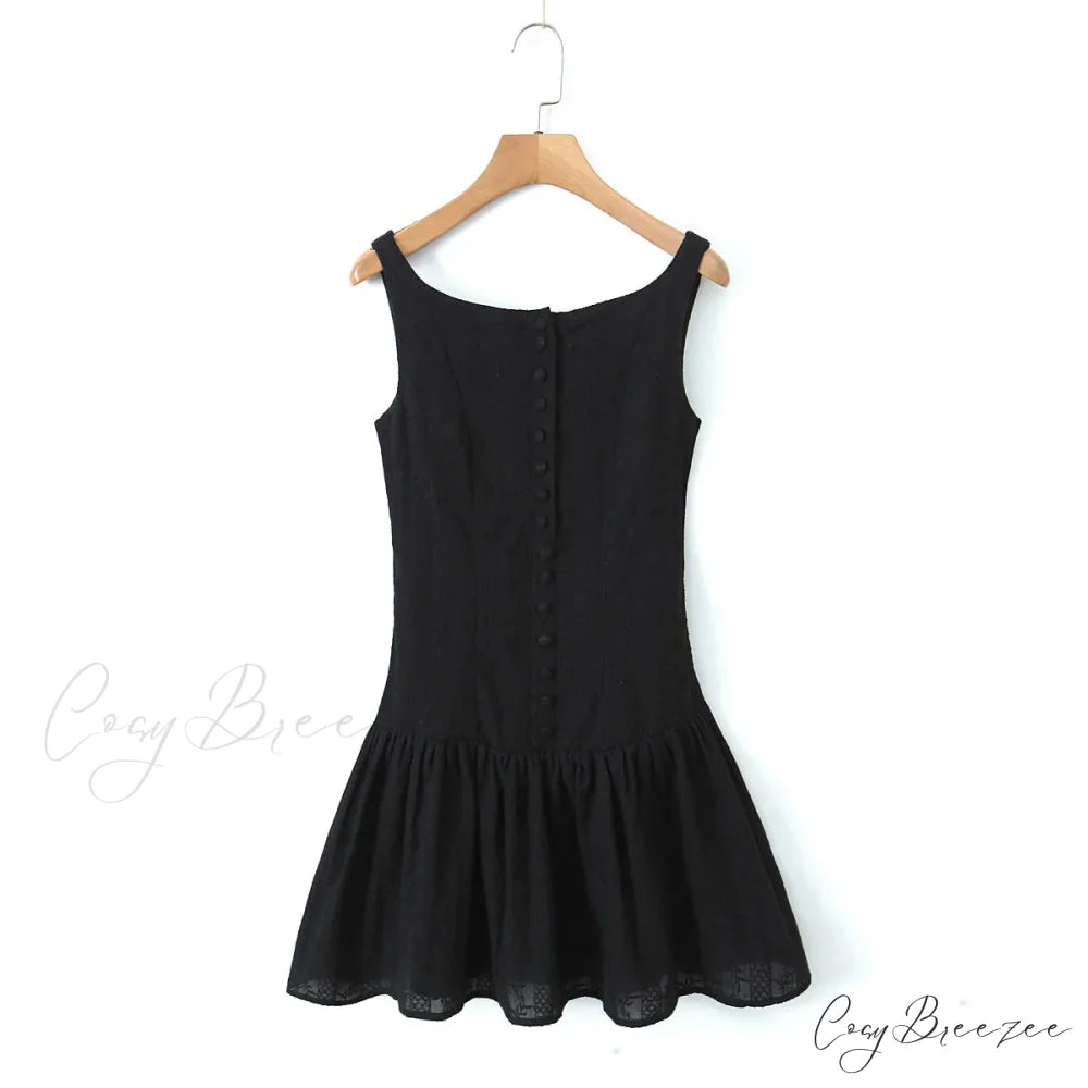 Buttoned Lace Print Charming Frill Mini Dress Black / L