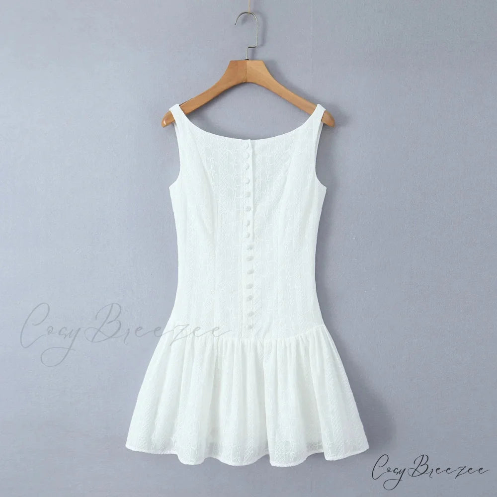 Buttoned Lace Print Charming Frill Mini Dress WHITE / L