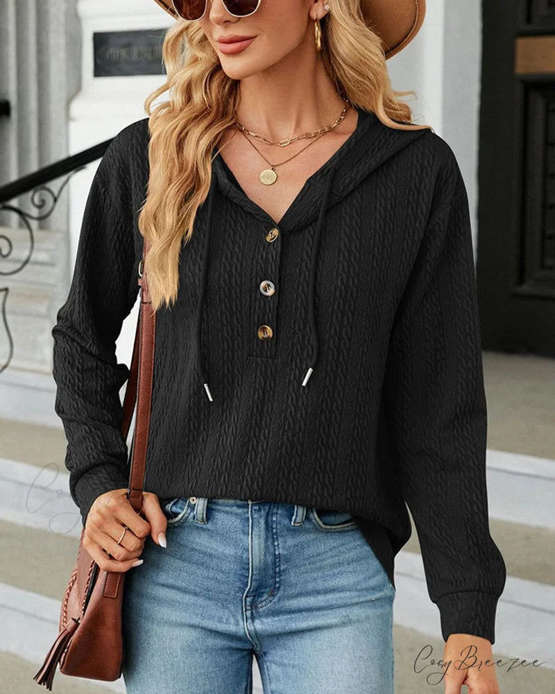 Buttoned Solid Color Hoodie Black / S