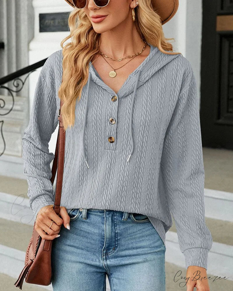 Buttoned Solid Color Hoodie Gray / S