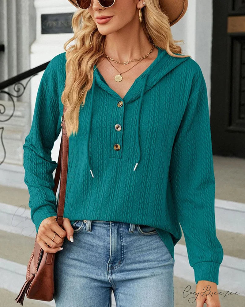 Buttoned Solid Color Hoodie Green / S