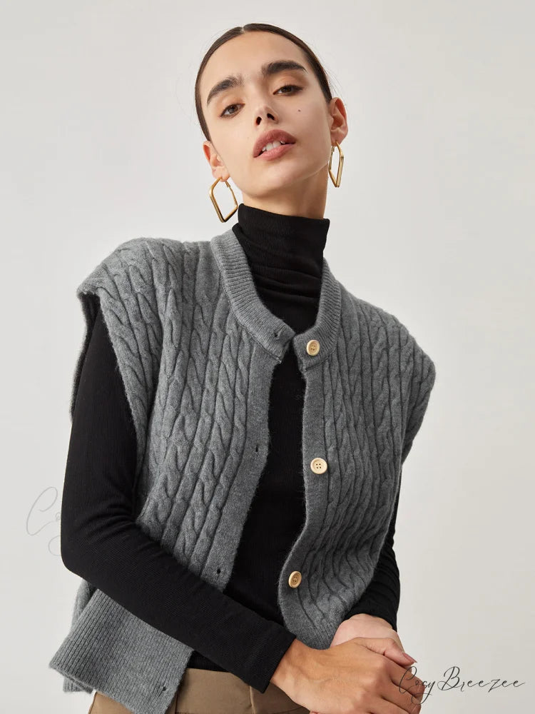 Cable Knit Graceful Button Down Vest Grey / XS