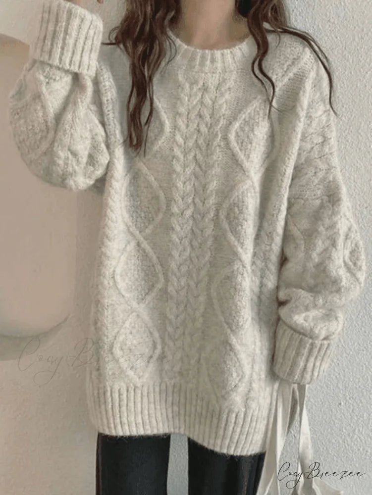 Cable Knit Graceful Cropped Sweater Beige / ONE SIZE