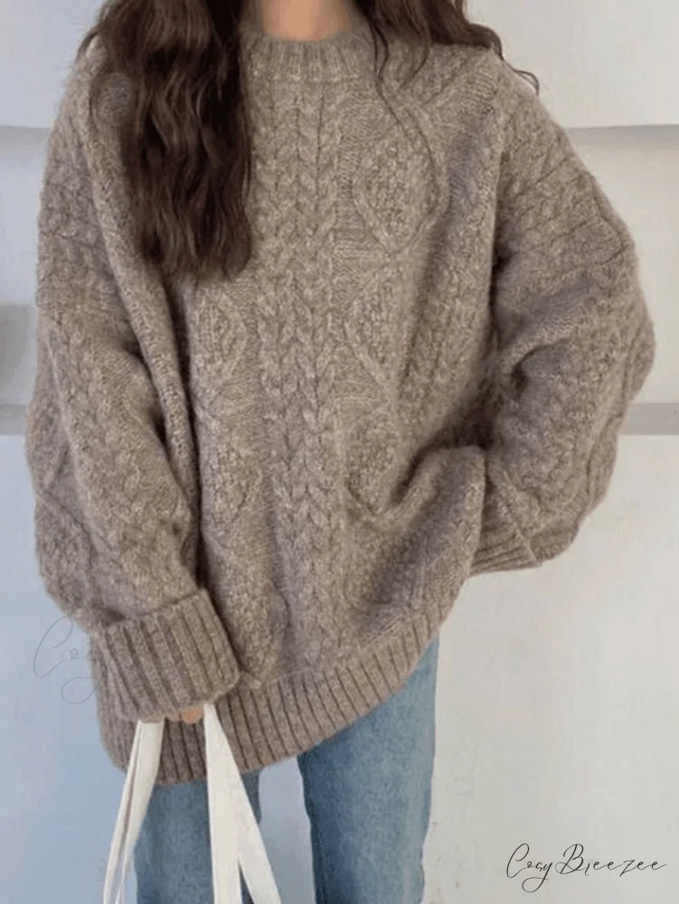 Cable Knit Graceful Cropped Sweater Khaki / ONE SIZE
