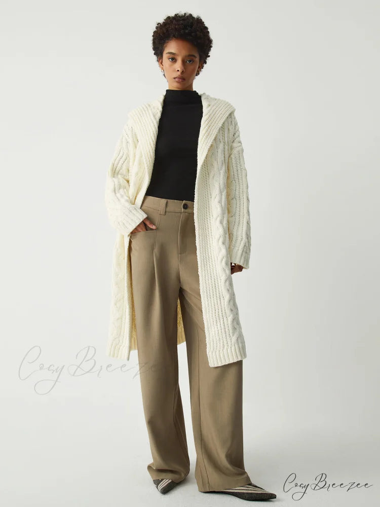 Cable Knit Graceful Hooded Longline Cardigan