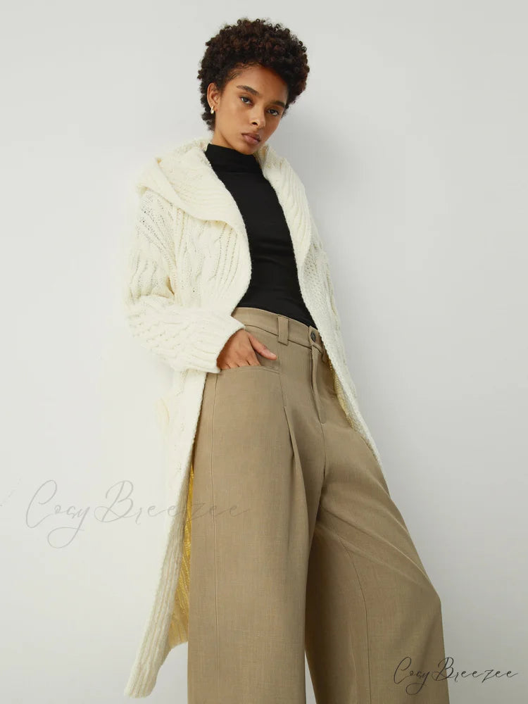 Cable Knit Graceful Hooded Longline Cardigan