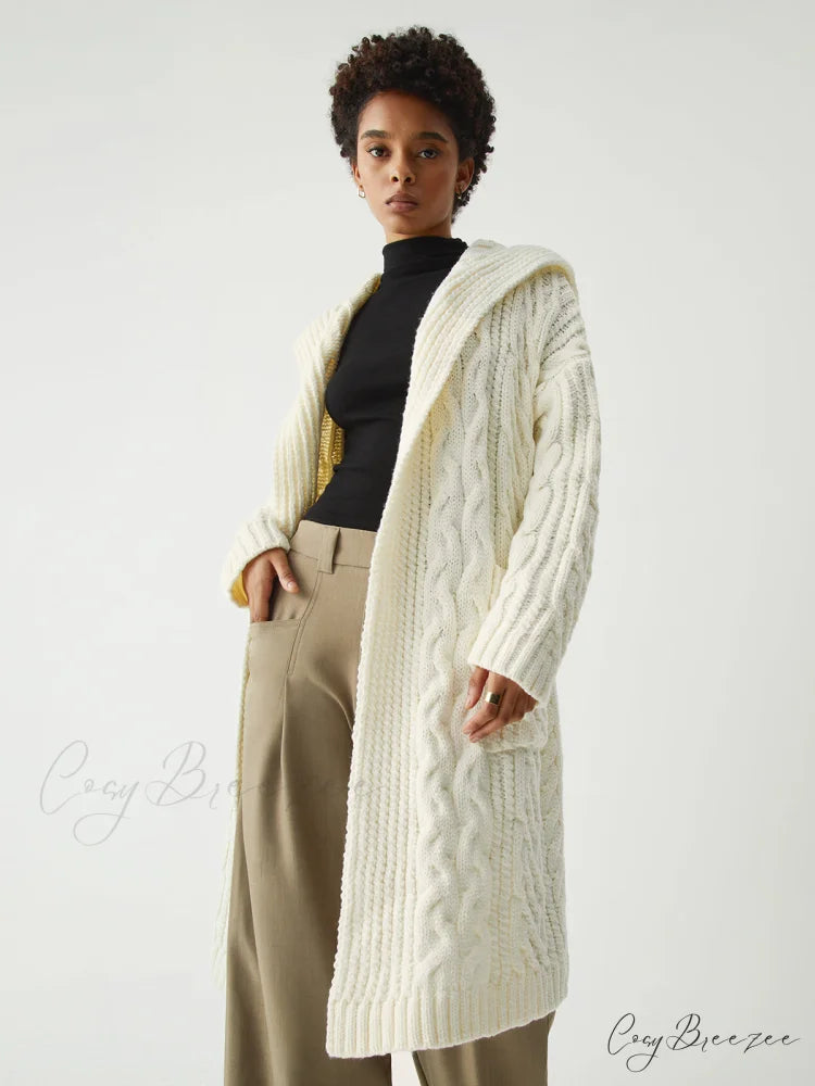 Cable Knit Graceful Hooded Longline Cardigan