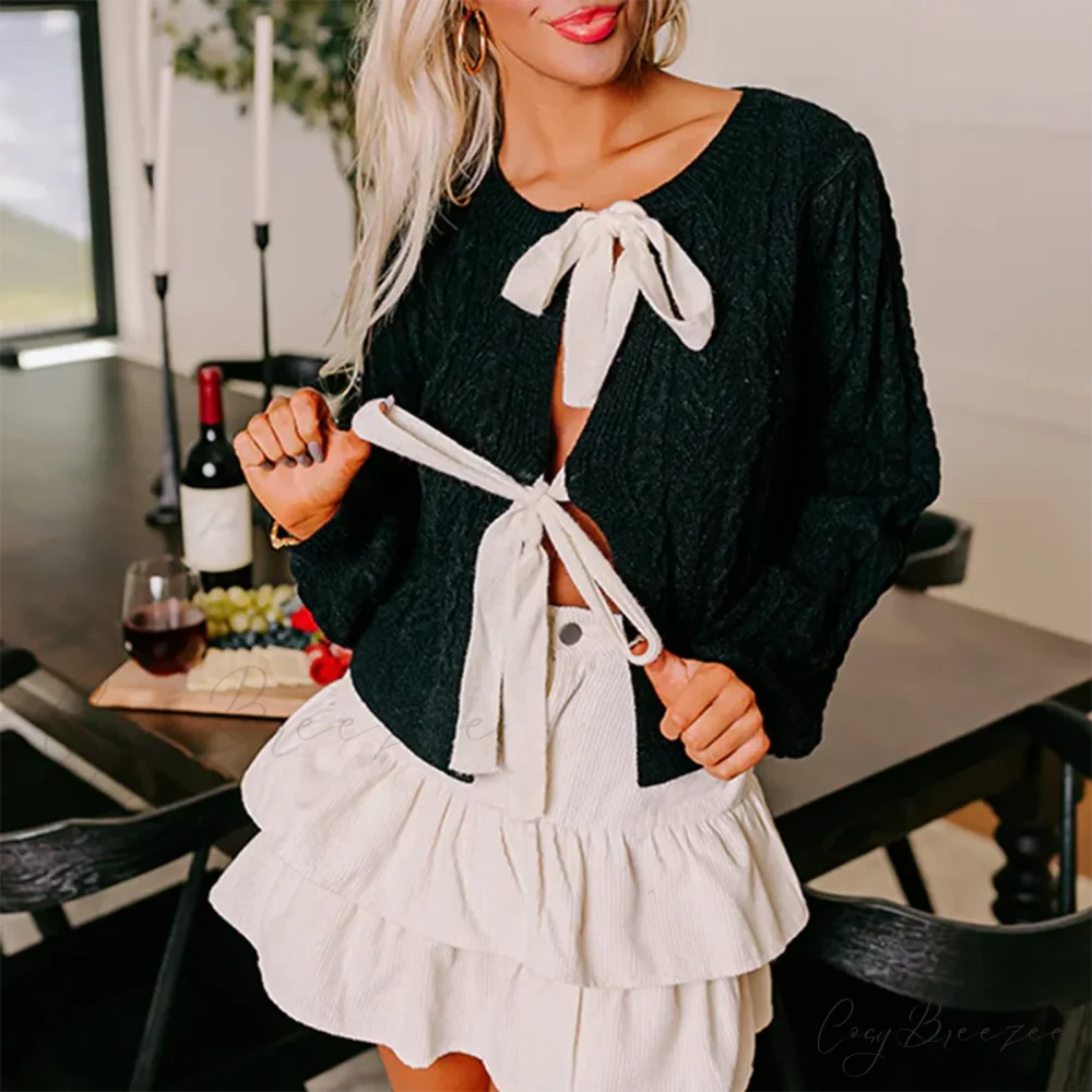 Cable Knit Split Front Bow Cardigan