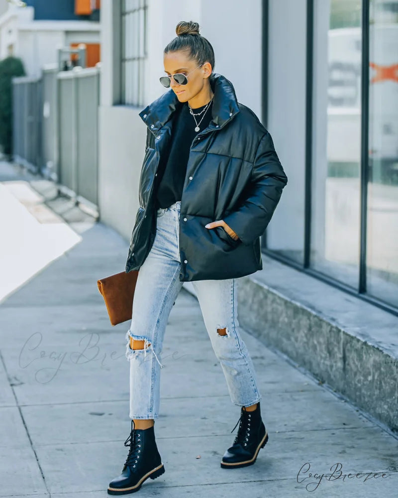 Cade Faux Leather Puffer Jacket - Black