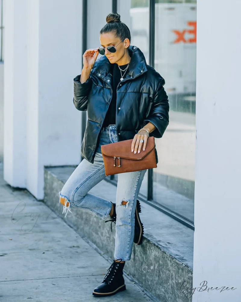 Cade Faux Leather Puffer Jacket - Black