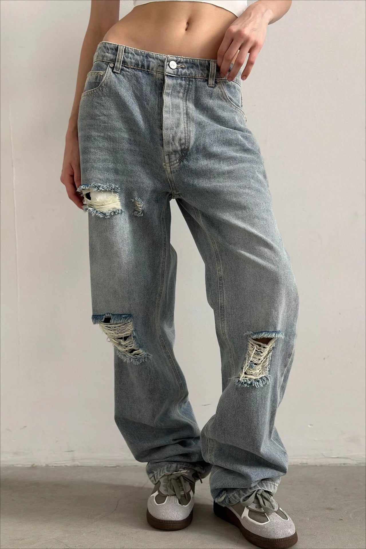 Low Rise Distressed Patchwork Jean