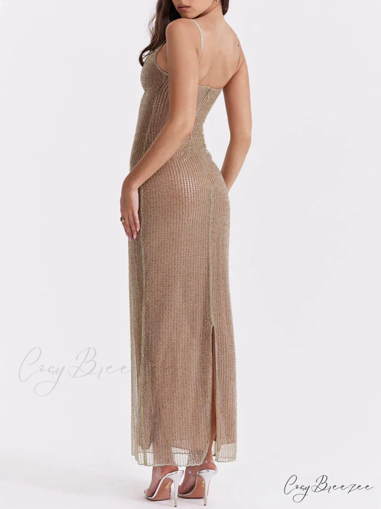 Cafe Au Lait Charming Beaded Maxi Dress