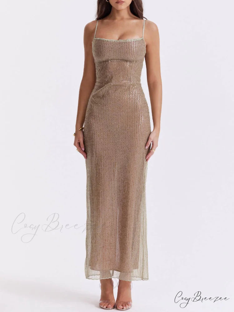 Cafe Au Lait Charming Beaded Maxi Dress