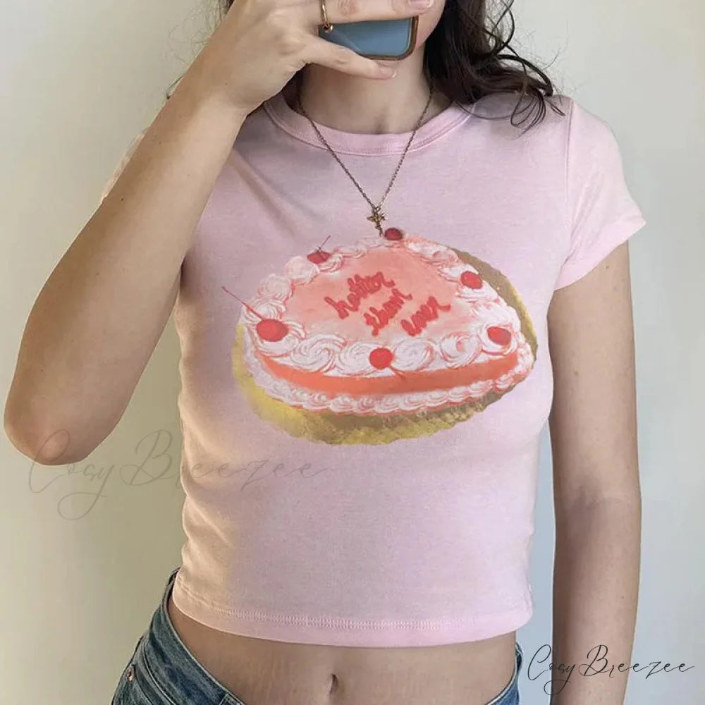 Cake Graphic Stylish Print Tee Pink / L