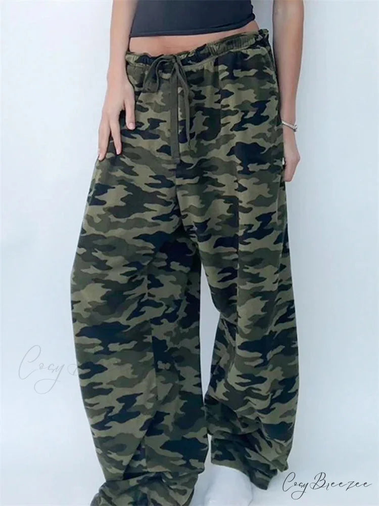 Camo Print Stretch Low Waist Wide Leg Pant GREEN / S pant-250223