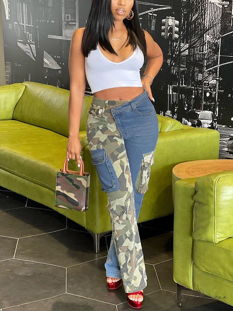Camouflage Denim Graceful Patchwork Pants