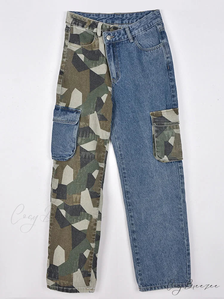 Camouflage Denim Graceful Patchwork Pants