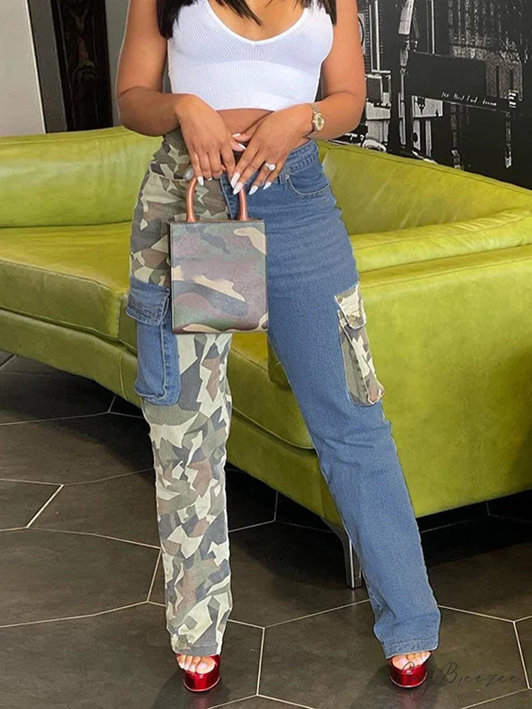Camouflage Denim Graceful Patchwork Pants Blue / S