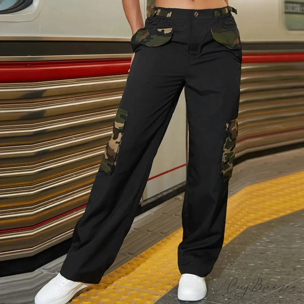 Camouflage Side Pocket Y2K Cargo Pants Black / L pants-241228