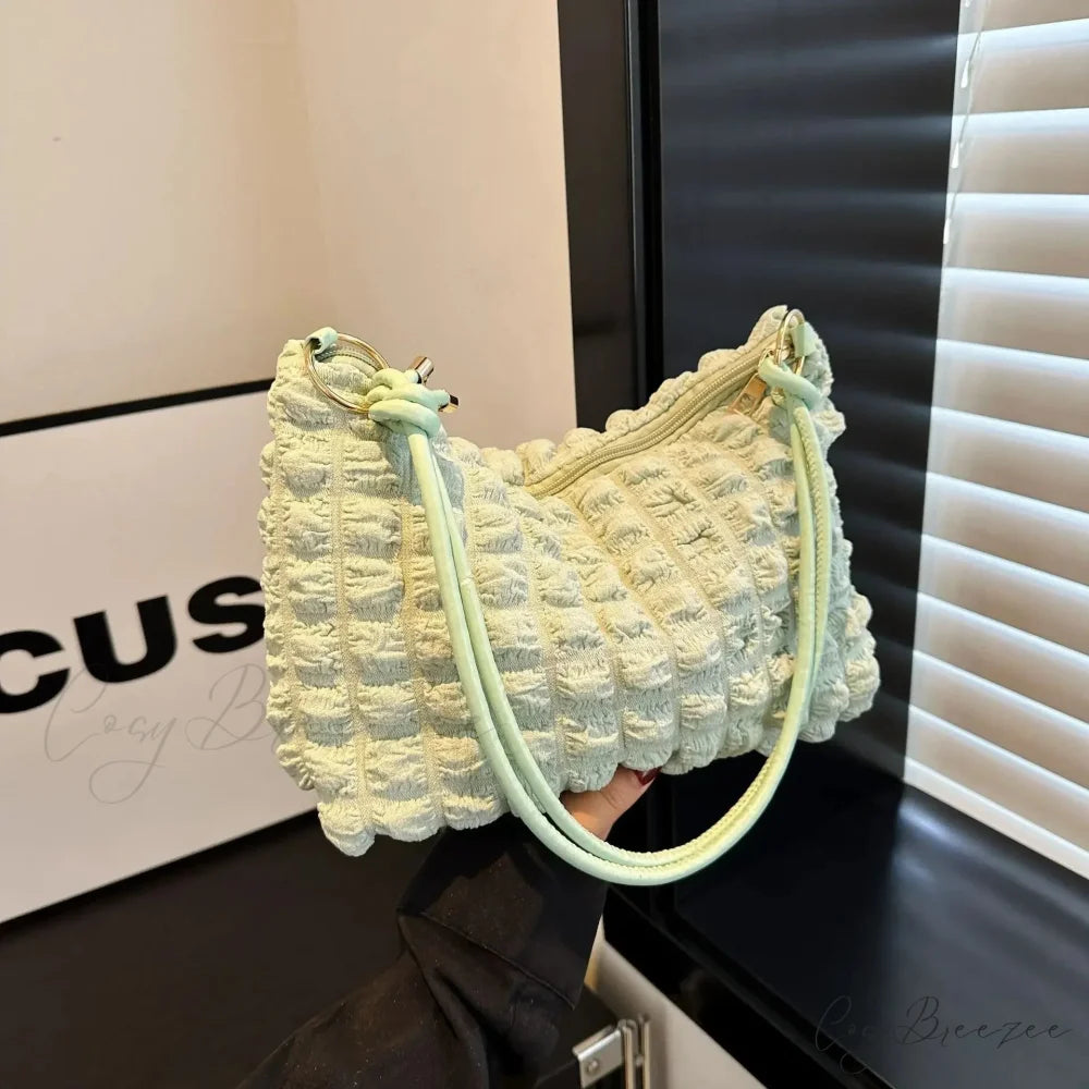 Canvas Pleated Shoulder Quilted Tote Bag Green shoulder-250126