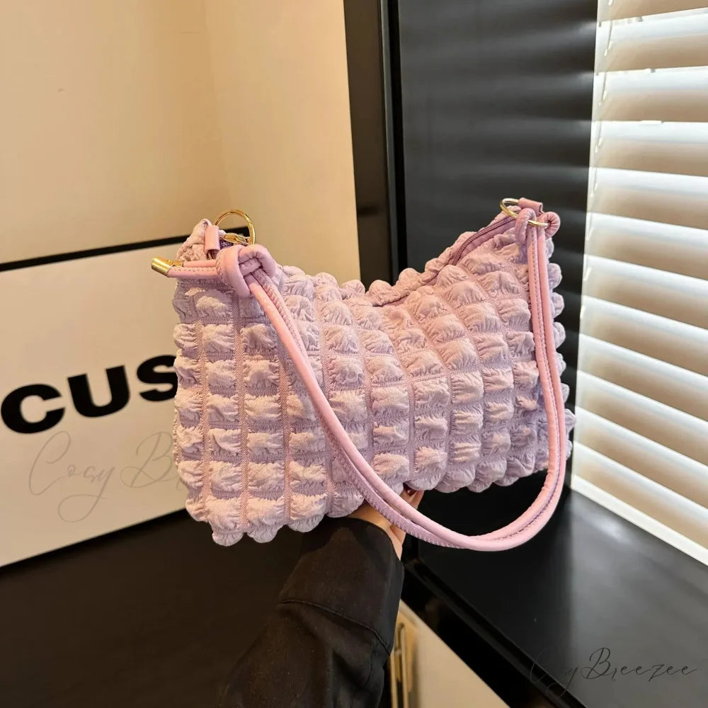 Canvas Pleated Shoulder Quilted Tote Bag Pink shoulder-250126