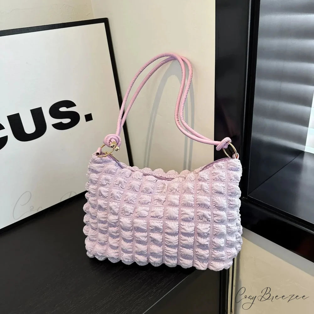 Canvas Pleated Shoulder Quilted Tote Bag Purple shoulder-250126