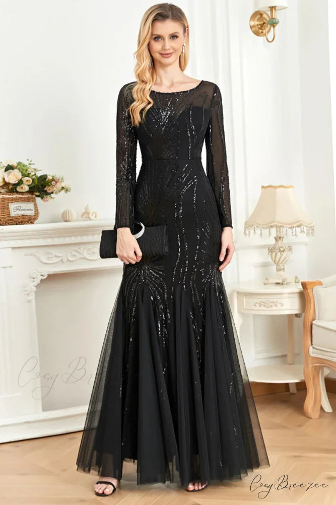 Captivating Glam Sequin Trendy Long Sleeve Maxi Dress Black / S