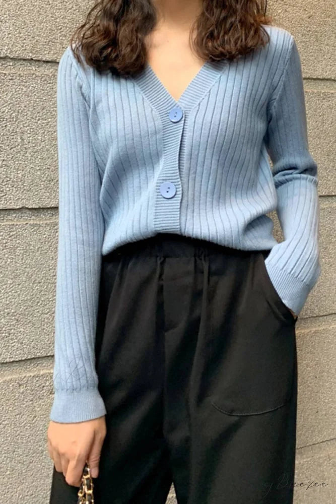 Cardigan Button with Ribbed V-neckline Light Blue / One Size