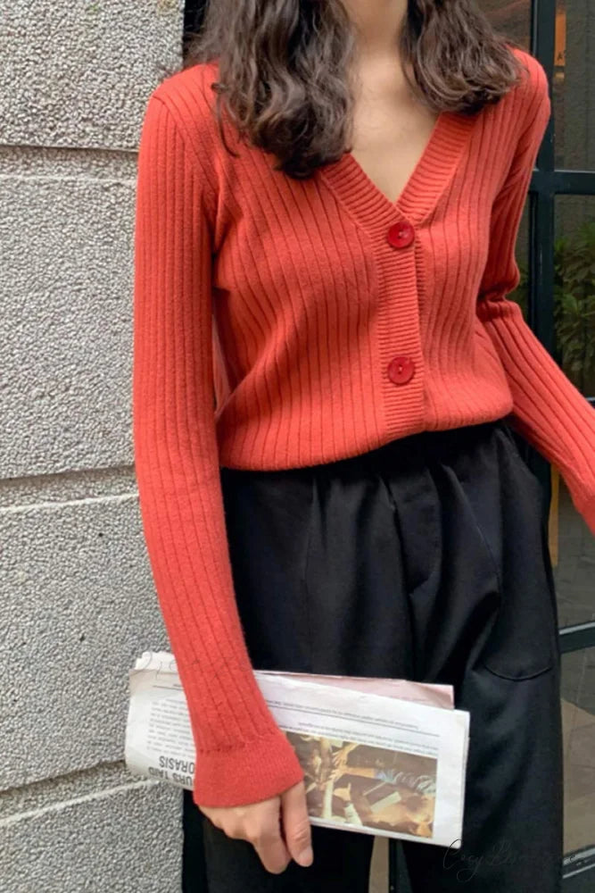 Cardigan Button with Ribbed V-neckline Watermelon Red / One Size