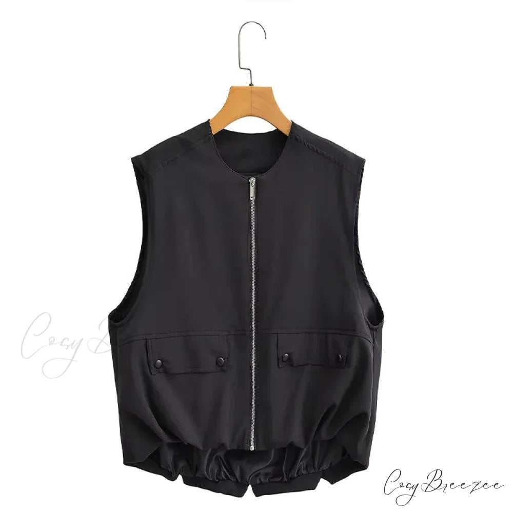 Cargo Pocket Stylish Drawstring Waistcoat black / XS