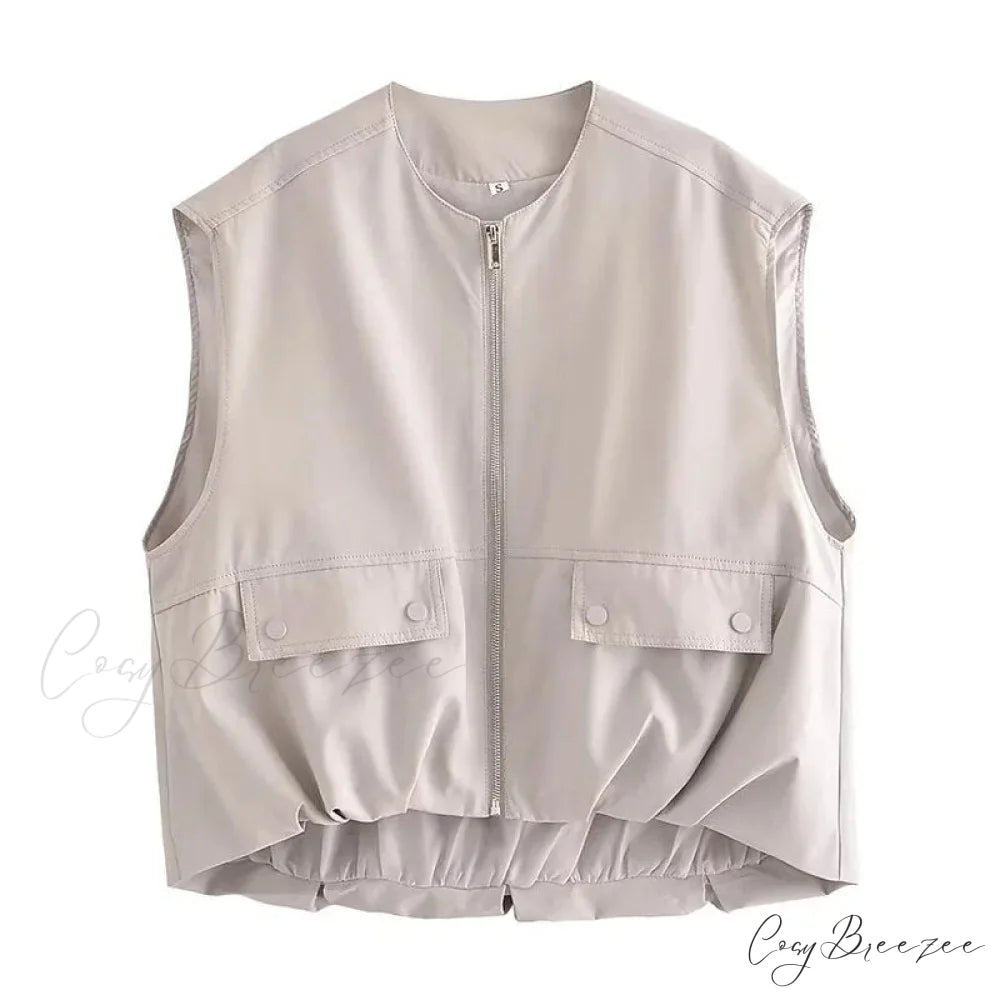 Cargo Pocket Stylish Drawstring Waistcoat grey / XS