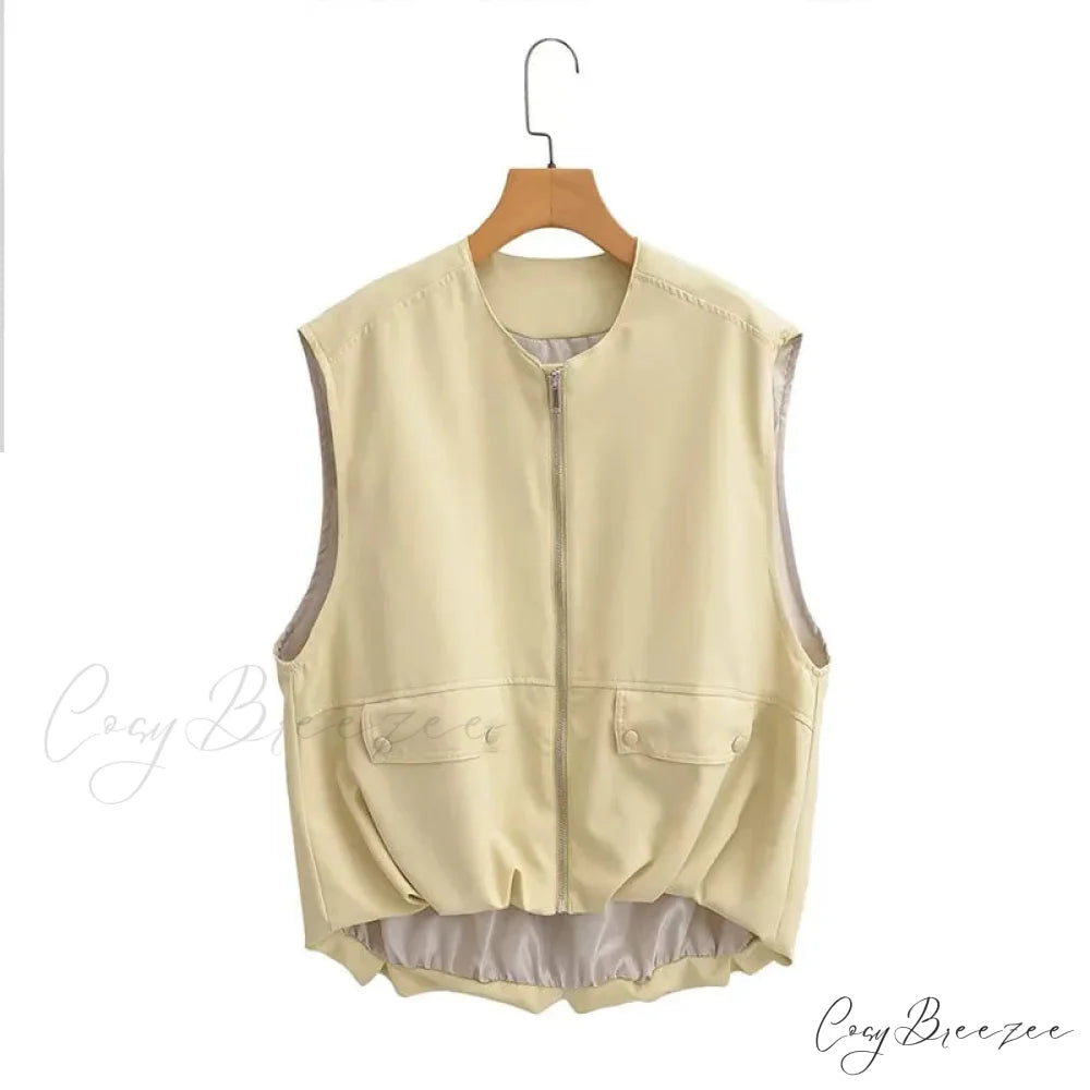 Cargo Pocket Stylish Drawstring Waistcoat khaki / XS