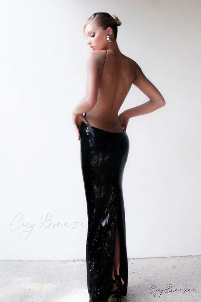 Caroline Sequin Graceful Backless Maxi Dress