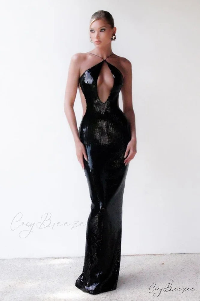 Caroline Sequin Graceful Backless Maxi Dress Black / XS