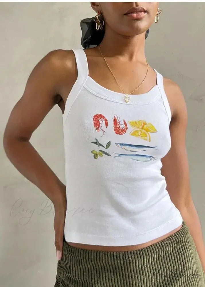 Cartoon Print O-Neck Crop Top white 4 / S croptop-250223