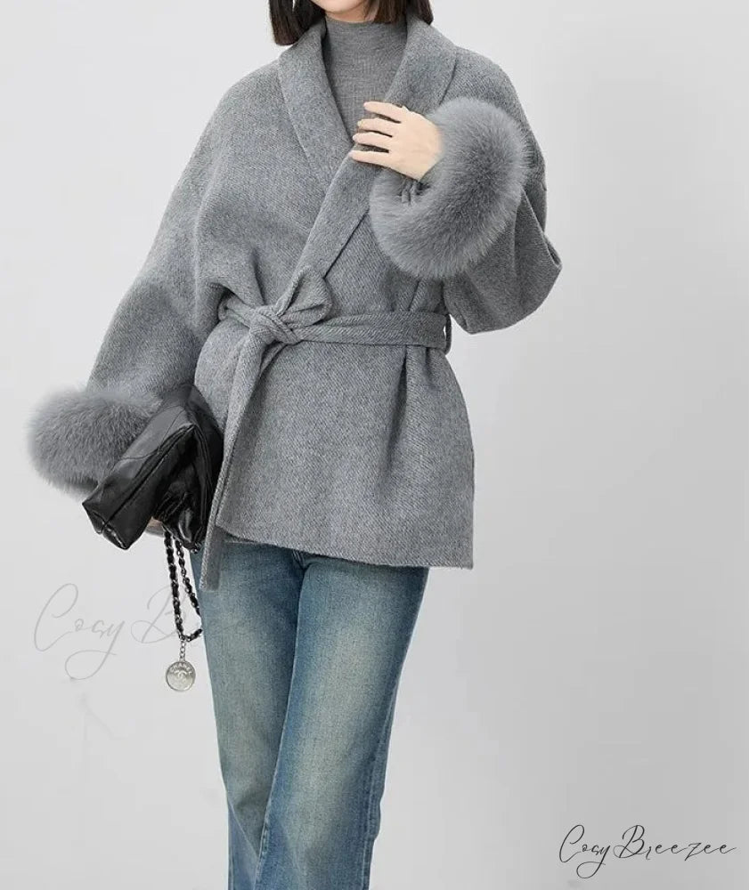 Cashmere Coat With Fur Cuffs Fox Fur Coat GRAY / S overcoats-241228