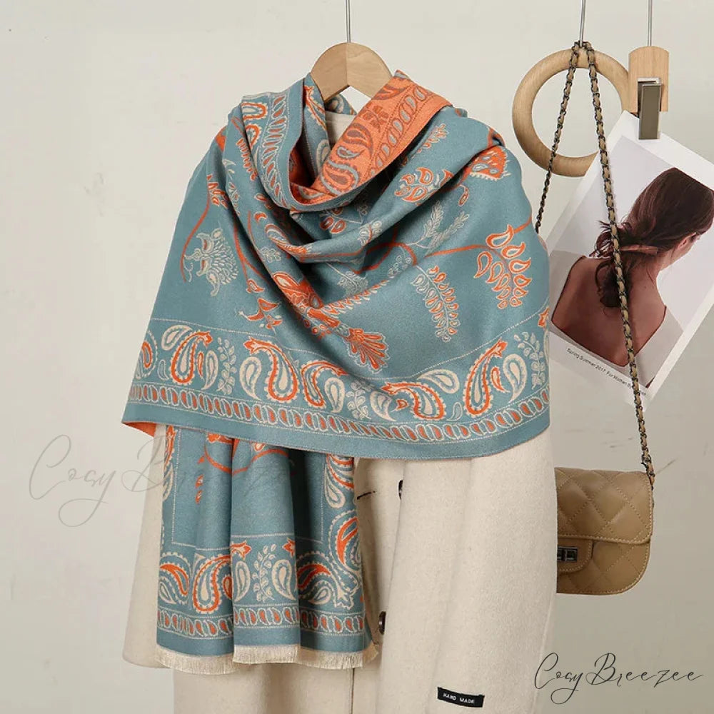 Cashmere Floral Print Winter Blanket Wrap Scarf GREY BLUE