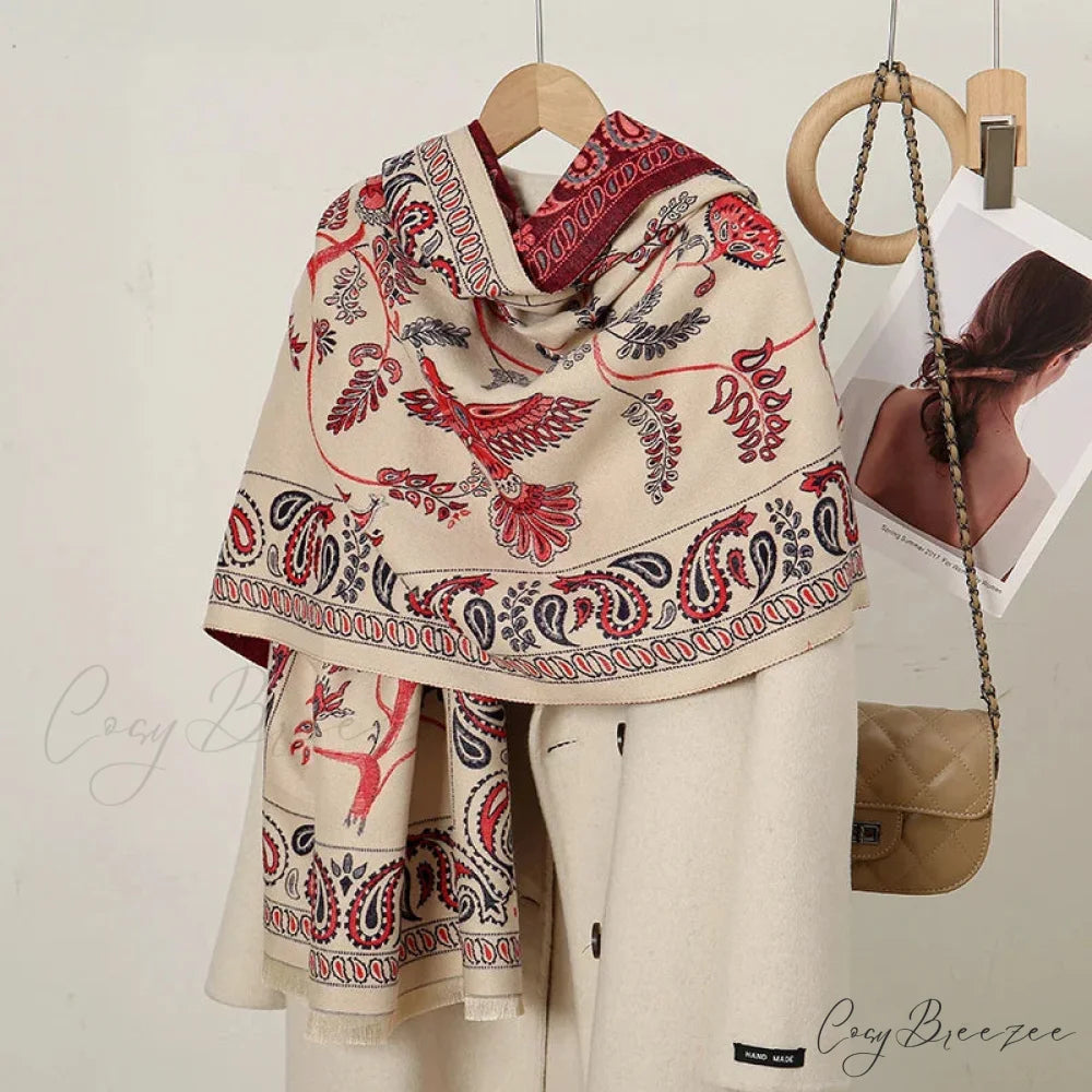 Cashmere Floral Print Winter Blanket Wrap Scarf KHAKI 2