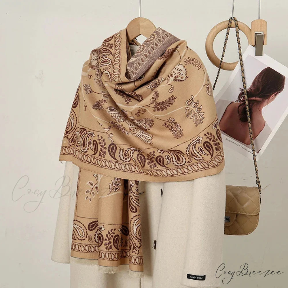 Cashmere Floral Print Winter Blanket Wrap Scarf KHAKI 3