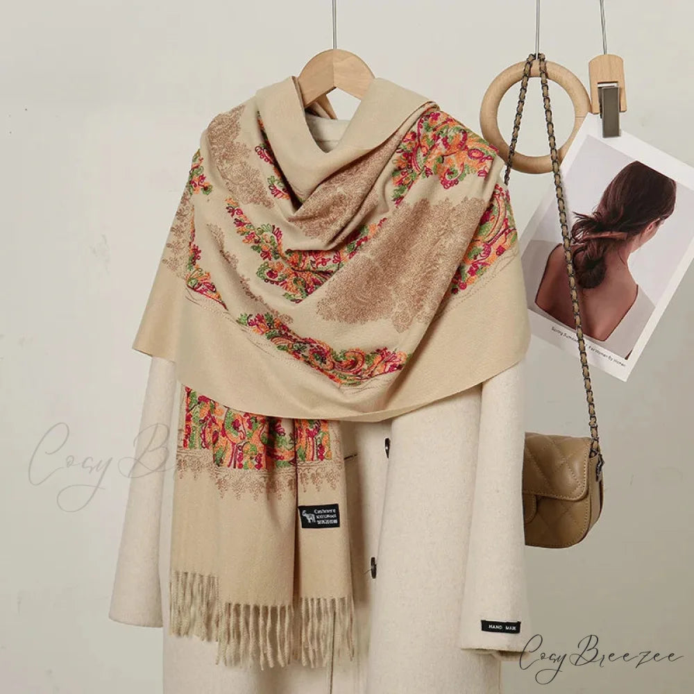Cashmere Floral Print Winter Blanket Wrap Scarf KHAKI