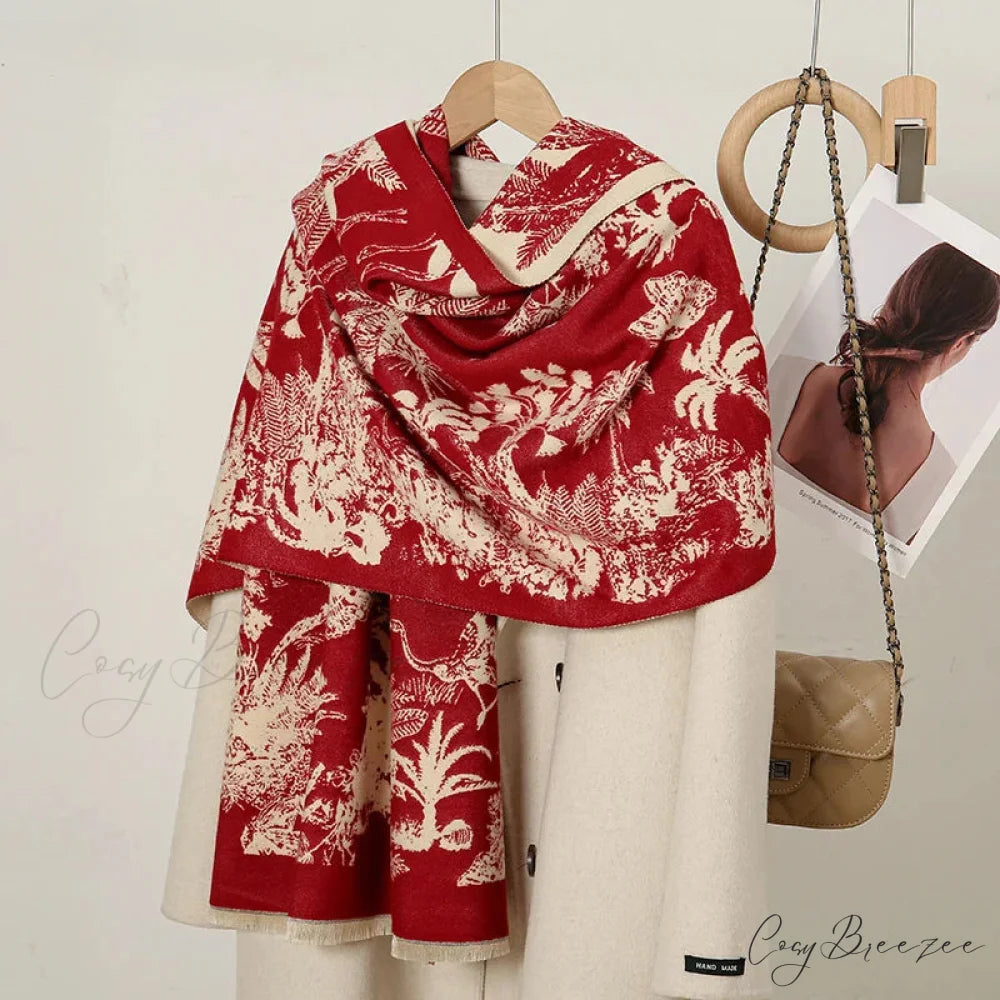 Cashmere Floral Print Winter Blanket Wrap Scarf RED 1