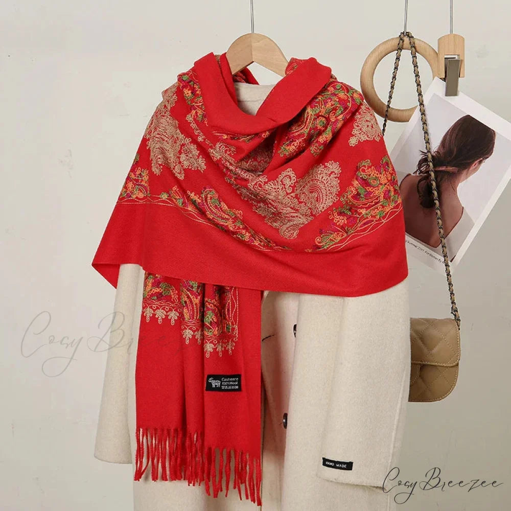 Cashmere Floral Print Winter Blanket Wrap Scarf RED 2