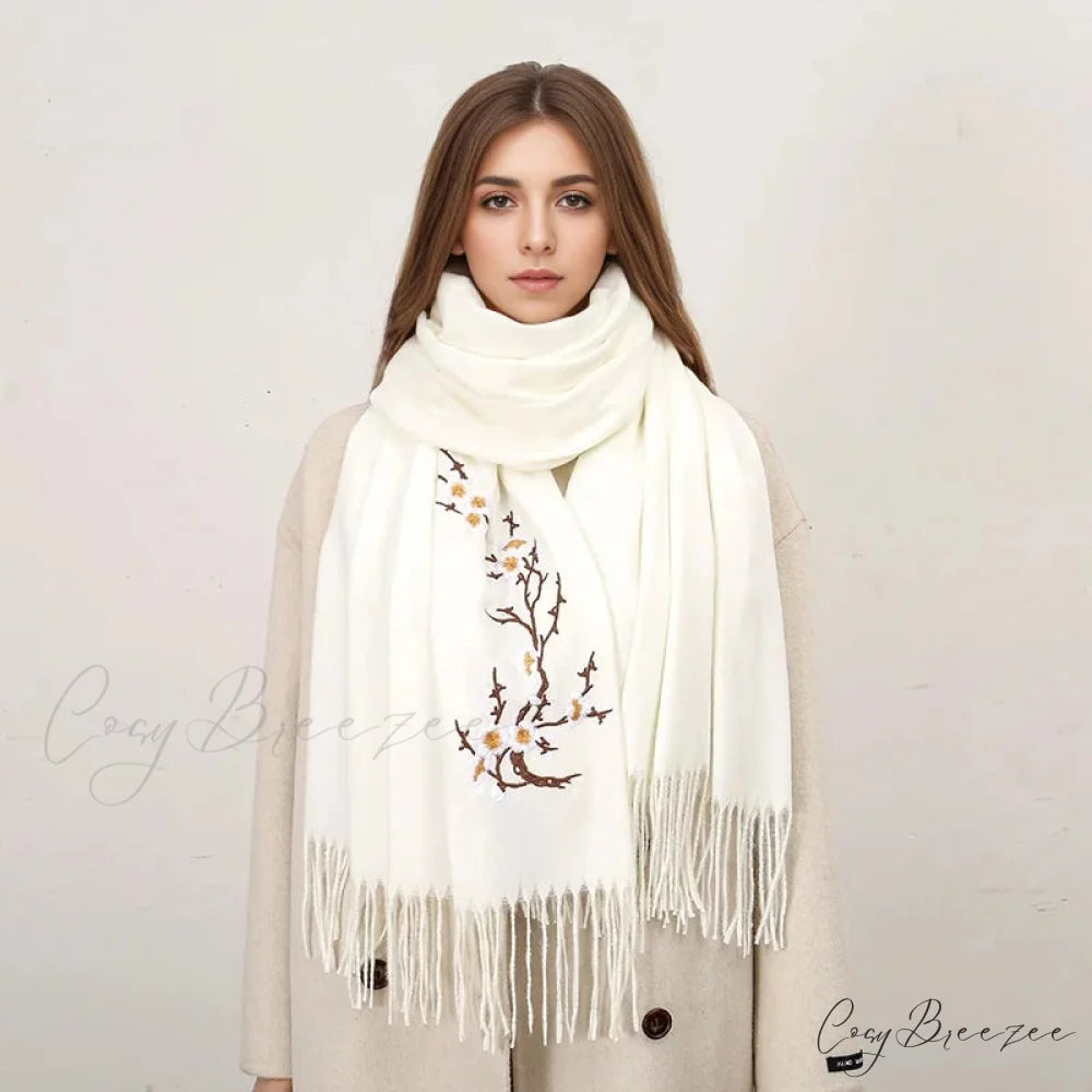 Cashmere Winter Flower Pashmina Shawl with Tassels