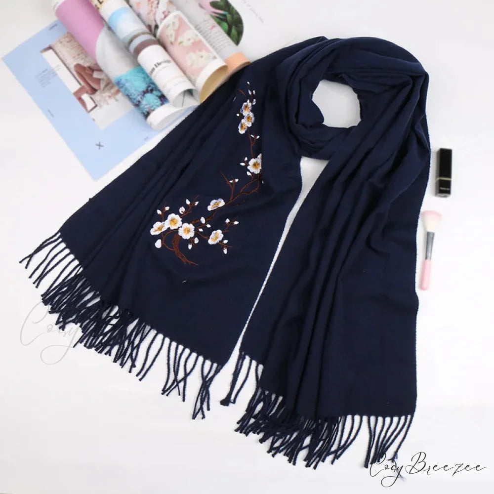 Cashmere Winter Flower Pashmina Shawl with Tassels BLACK